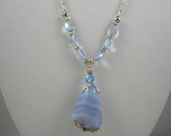 Necklace with blue lace agate pendant, light blue stone pendant on silver chain, blue lace agate