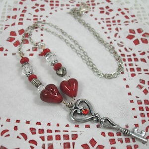 Necklace with red hearts and key pendant, heart and key necklace, Valentine necklace