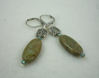 Dangle earrings with oval shaped stones and crystals on silver lever back wires, neutral color jasper earrings