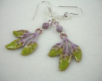 Enamel leaf earrings, earrings with enamel leaf charms in green and lavender on sterling ear wires