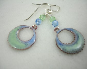 Earrings with enamel hoops in blue and green, enamel hoop earrings, silver plated, pastel colors