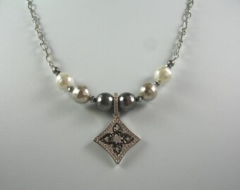 Necklace with Cz pendant on vintage silver chain with MOP beads and crystals. diamond shaped CZ pendant, shades of gray and white