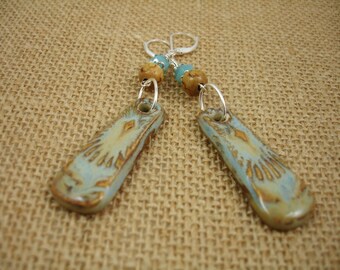 Long ceramic earrings, turquoise and beige earrings, rectangular shaped ceramic earrings on sterling lever backs