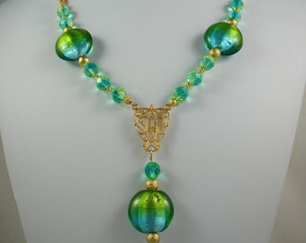 Necklace with two tone Venetian beads and crystals, turquoise and green necklace with decorative vintage chain