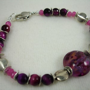 Purple tiger eye bracelet with lamp work bead in sterling silver, purple and pink bracelet