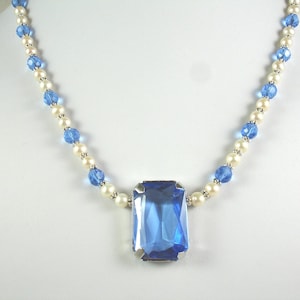 Necklace with pearls and crystals and rectangular crystal pendant, blue crystal and white pearl necklace, wedding jewelry