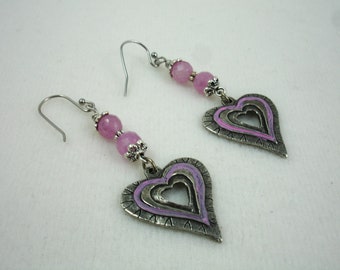 Earrings with patina hearts and pink beads, heart earrings, Valentine gift, stainless steel ear wires