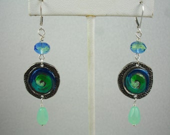 Pewter spiral earrings in blue and green on sterling lever back ear wires, sterling silver earrings with pewter circular disc and crystals