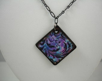 Necklace with hand painted clay tile pendant, hand painted double sided pendant on gunmetal chain, purple, blue, black pendant