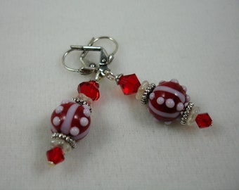 Lever back earrings with lamp work beads and crystals, red and white, red earrings, silver plated