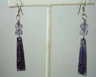 Earrings with pewter rectangles and crystals, purple earrings with patina pewter dangles