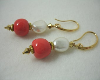 Earrings with Kazuri beads and pearls, coral and white earrings, African beads, Fair Trade