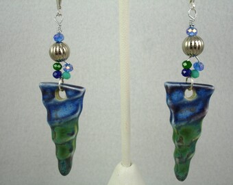 Earrings with ceramic triangles in blue and green, wavy texture triangular shaped earrings on sterling lever back wires