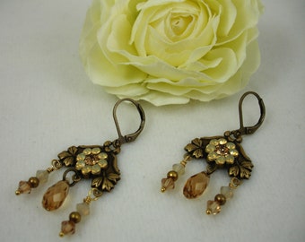 Mini crystal chandelier earrings, brass lever back earrings with crystal chandeliers in light topaz color, floral design