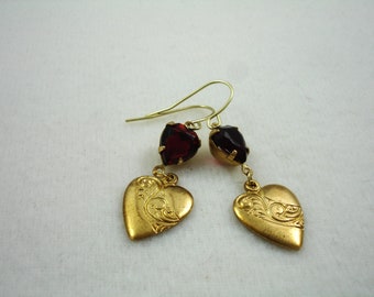 Heart earrings, red crystal and gold heart earrings, Valentine's Day jewelry