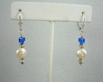 Pearl and crystal earrings on sterling lever backs, white coin pearls and blue Swarovski crystal earrings, sterling silver