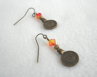 Earrings with spiral brass dangles and crystals, brass earrrings