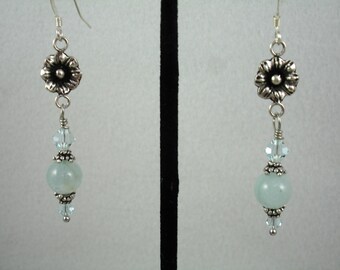 Aquamarine earrings on sterling ear wires, March birthstone, light aqua color, aquamarine beads and Swarovski crystals