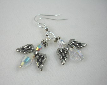 Angel earrings, crystal angel earrings on silver plated fish hooks, Holiday earrings, Christmas earrings