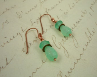 Green and copper earrings, light green beads on copper ear wires, lightweight earring, simple earrings