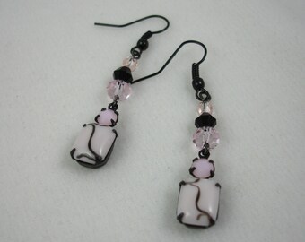 Gunmetal earrings with pink and black beads, pale pink color, gunmetal ear wires