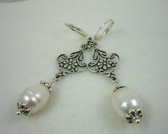 Pearl earrings with filagree link, white freshwater pearls on silver lever back ear wires