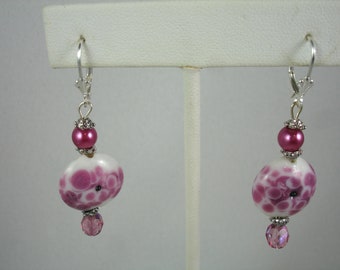 Earrings with pink and white lamp work beads with pearls and crystals, sterling silver lever back earrings