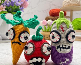 Zombie Vegetable Crochet Pattern PDF Amigurumi Halloween Plush DIY Undead Veggies Soft Toy Set Creepy Cute Food Decor Digital Download Guide