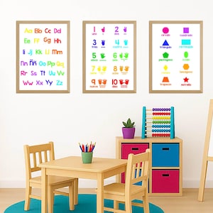 Set de 3 Posters Educativos en Español para Niños | Abecedario, Números y Figuras Geométricas | Carteles coloridos decorativos