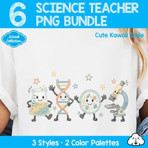 Puede incluir: Una camiseta blanca con un estampado gráfico de cuatro objetos científicos antropomórficos: un vaso de precipitados, una cadena de ADN, una placa de Petri y un microscopio. Cada elemento tiene una cara sonriente y extremidades, rodeado de pequeñas estrellas en colores pastel.