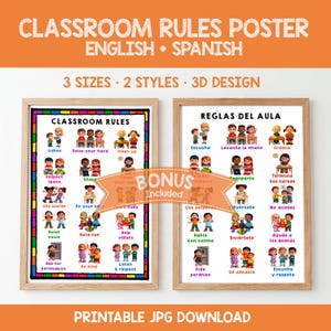 Puede incluir: Póster de reglas del aula en inglés y español. El póster presenta ilustraciones coloridas de niños que demuestran las reglas del aula. El texto incluye "3 tamaños, 2 estilos, diseño 3D" y "Descarga JPG imprimible."