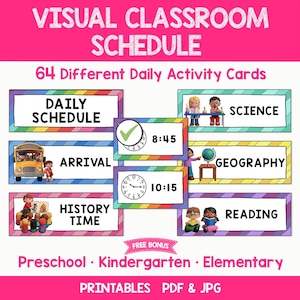 Classroom Schedule Cards, 64 Visual Schedule Cards for Preschool & Kindergarten | Daily Routine Printable PDF  JPG