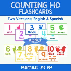 Puede incluir: Tarjetas didácticas para contar del uno al diez, con versiones en inglés y español. Cada tarjeta muestra un número, su palabra y un gesto con la mano. Incluye el texto "COUNTING 1-10 FLASHCARDS" y "PRINTABLES. JPG PDF".