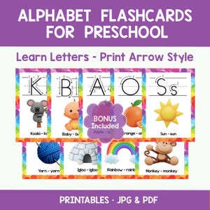 Puede incluir: Tarjetas de alfabeto para preescolar con ilustraciones de letras e imágenes como un koala, bebé, manzana, naranja, sol, hilo, iglú, arcoíris y mono. El texto incluye "Learn Letters - Print Arrow Style" y "Printables JPG & PDF."
