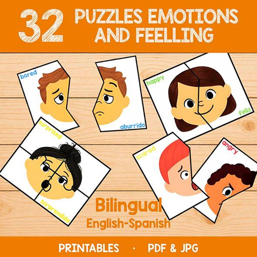 Bilingual Emotions Puzzle for Kids Printable | English Spanish Feelings ...