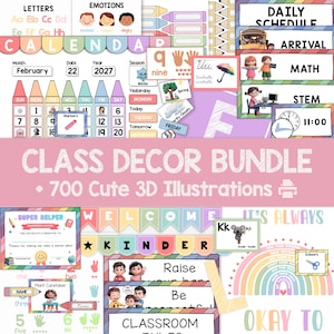 Puede incluir: Un paquete de decoración para el aula con 700 ilustraciones 3D, que incluye un calendario para febrero de 2027, tarjetas de horario diario, letras del alfabeto, iconos de emociones, tablas numéricas, reglas de clase y un certificado escolar.