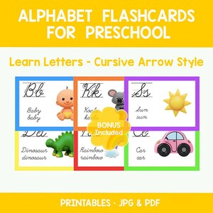 Puede incluir: Tarjetas didácticas del alfabeto para preescolar, con letras cursivas. Cada tarjeta muestra una letra, una palabra correspondiente y una ilustración colorida. Incluye un bebé, un koala, un sol, un dinosaurio, un arcoíris y un coche. JPG y PDF imprimibles.