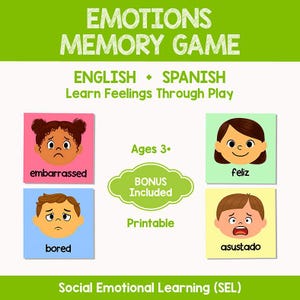 Puede incluir: Un juego de memoria de emociones con el texto "EMOTIONS MEMORY GAME" y "ENGLISH + SPANISH Learn Feelings Through Play". El juego incluye tarjetas con ilustraciones de niños que expresan emociones como "embarrassed", "bored", "feliz" y "asustado". Para mayores de 3 años.