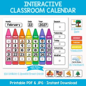 Puede incluir: Un calendario escolar interactivo imprimible con siete columnas coloridas en forma de crayón para los días de la semana. Incluye espacios para mes, fecha, año, estación, clima y seguimiento diario, además de tarjetas de festividades y etiquetas.