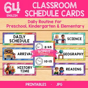 Könnte beinhalten: Klassenzimmer-Stundenplankarten mit dem Text "64 English Classroom Schedule Cards" und "Daily Routine for Preschool, Kindergarten & Elementary". Die Karten enthalten "Daily Schedule", "Arrival", "Science", "Geography", "History Time" und "Reading".
