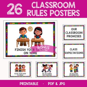 Op de afbeelding: Een set van 26 printbare klasregelposters met kleurrijke randen en illustraties van kinderen in schoolomgevingen. Tekst bevat "26 Classroom Rules Posters", "Finish your task on time", "Our classroom promises" en "Class expectations".