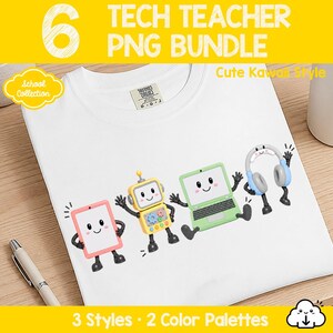 Könnte beinhalten: Ein weißes T-Shirt mit einem Grafikdruck von vier animierten Charakteren: einem rosa Tablet, einem gelben Roboter, einem hellgrünen Laptop und einem blauen Kopfhörer. Jeder Charakter hat ein lächelndes Gesicht sowie schwarze Arme und Beine.