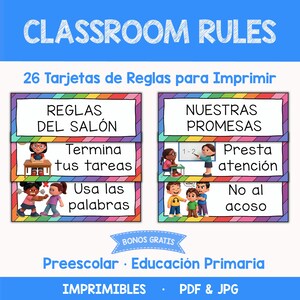 Puede incluir: Un conjunto de 26 tarjetas de reglas de aula imprimibles con bordes de arcoíris coloridos e ilustraciones de niños en entornos escolares. El texto incluye frases como REGLAS DEL SALÓN, NUESTRAS PROMESAS, Termina tus tareas, Presta atención, Usa las palabras y No al acoso.