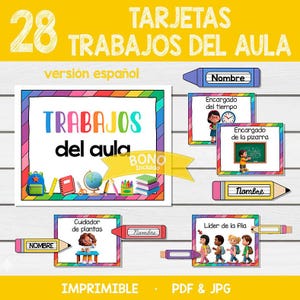 Puede incluir: Un conjunto de 28 tarjetas de trabajos del aula en español, con bordes coloridos e ilustraciones de útiles escolares y niños. Las tarjetas incluyen etiquetas de texto como 'Trabajos del aula', 'Nombre', 'Encargado del tiempo' y 'Líder de la fila'.