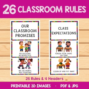 Op de afbeelding: Een set klasregels posters met kleurrijke randen en illustraties. De posters bevatten zinnen als "Onze klasbeloften" en "Klassenverwachtingen". De afbeelding bevat ook de tekst "26 klasregels" en "Printbare 3D-afbeeldingen".