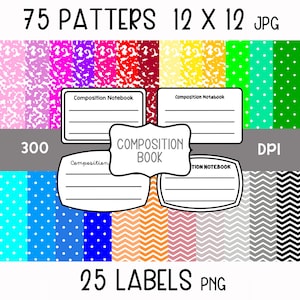 Puede incluir: Diseño digital con 75 patrones de 30,48 cm x 30,48 cm y 25 etiquetas. La imagen incluye plantillas de cuadernos de composición y el texto "Composition Book". Los patrones son de varios colores y estilos, incluyendo lunares y zigzags.