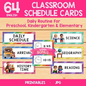 Puede incluir: Un conjunto de 64 tarjetas de horario para el aula para preescolar, jardín de infancia y primaria. Las tarjetas presentan bordes coloridos e ilustraciones para materias como ciencias, geografía y lectura. Incluye tarjetas de bonificación con relojes a las 8:45 y a las 10:15.