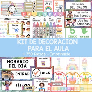 Puede incluir: Un kit de decoración para el aula que incluye pósteres educativos, un calendario, un reloj y tarjetas de horario diario. El conjunto presenta gráficos coloridos de números, letras, emociones y reglas con texto como REGLAS DEL SALÓN.