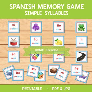 Puede incluir: Un juego de memoria en español con sílabas simples. El juego incluye tarjetas con ilustraciones y palabras en español. Las tarjetas presentan imágenes de xilófono, pulpo, rana, tambor, limón, carretera, ballena, dados, huevos y bañera.