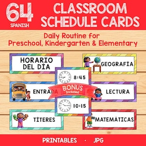 May include: A set of 64 Spanish classroom schedule cards for preschool, kindergarten, and elementary pupils. The cards feature colourful borders and illustrations, including a school bus, a globe, and clocks showing 8:45 and 10:15. The text includes "HORARIO DEL DÍA" and "MATEMÁTICAS".